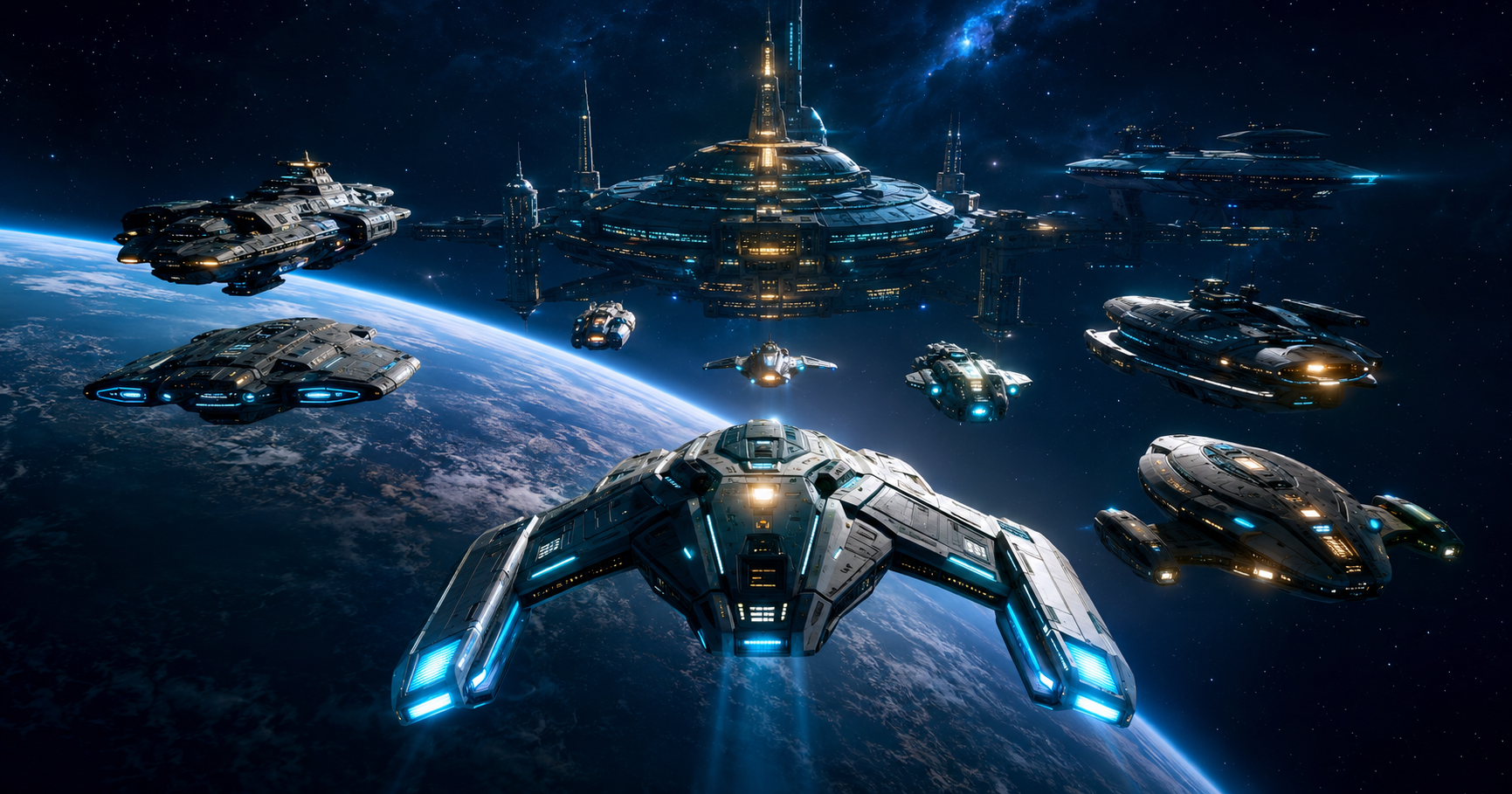 New exploration vessel joining a fleet near an orbital starbase.